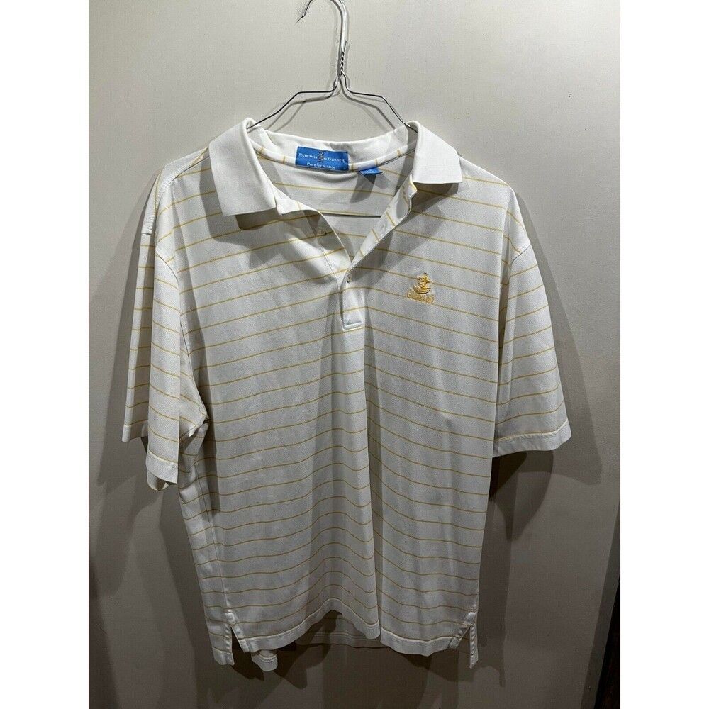 Fairway and Greene Polo Mens Size Large White And Yellow Stripes Coronado Golf